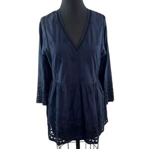 NEW ROBERTA ROLLER RABBIT Gilda Top Navy Blue 3/4 Sleeve Cotton Blouse Size XS